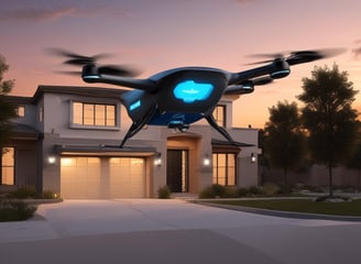 A drone is flying in the foreground with its wings extended, set against a blurred urban backdrop featuring tall buildings under a clear blue sky.