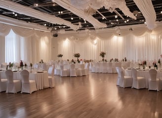 An elegant indoor event setup features a long aisle flanked by white arches adorned with vibrant floral arrangements. The seating area is arranged with chairs covered in white and peach fabric, leading up to a stage draped in golden and yellow fabrics. The stage is decorated with floral arrangements and lit candles, creating a sophisticated and warm atmosphere.