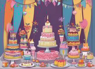 A decorative table is adorned with an elegant, tiered white cake garnished with fresh greenery and flowers. Surrounding the cake are small cupcakes with red and white toppings. Tall, woven lanterns and pampas grass arrangements enhance the ambiance with rustic charm. The setup includes delicate lace accents, complementing the warm, cozy atmosphere.
