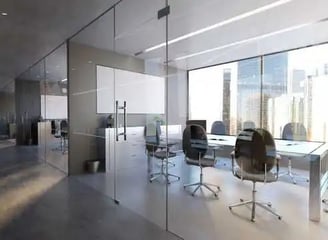 Divisorias para oficina en cristal laminar, puerta en vidrio templado, división interior en melamina