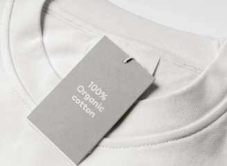 white t-shirt with tag that says '100% organic cotton'
