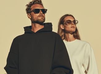 a man and woman standing together wearing hoodies and sunglasses calm mood