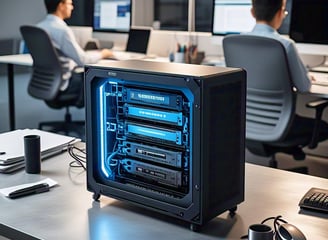 a computer case with a blue light on it