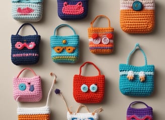 A collection of crafting materials including colorful sequins, rectangular metal frames with embossed patterns, alcohol markers, colored pencils in shades of blue, and a black ink pad. A piece of paper with watercolor artwork is partially visible alongside a whimsical cartoon sketch.