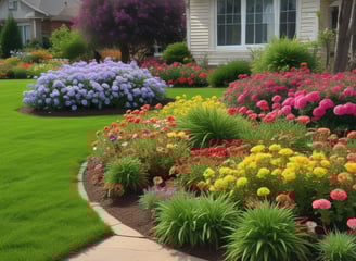 A well-maintained suburban garden is filled with vibrant pink, orange, and yellow flowers. The garden is located beside a single-story brick house with a gray roof. A street sign indicates 'W 3rd St' and 'Rosetta' at the intersection. Lush green trees are visible in the background against a clear blue sky.