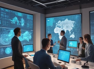 a group of people sitting at a table with computers