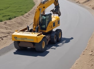 A collection of heavy machinery, including excavators and bulldozers, arranged on a gravel lot under a clear blue sky. The machines are predominantly yellow and have visible brand markings.