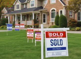 A real estate auction sign displaying the word 'SOLD' in bold red letters. The sign includes images of a home's interior featuring a living room with modern furniture, and it is set against the backdrop of trees and sky.