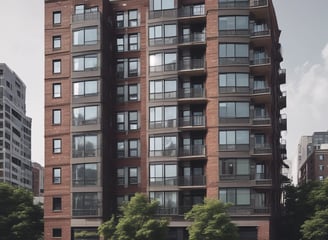 A cityscape with a real estate sign in the foreground, prominently displaying the name and phone number. Surrounding the sign are various buildings with different architectural styles, some with scaffolding and green netting. The scene features a mix of older, worn structures alongside modern glass-fronted buildings. Power lines and construction materials add to the urban complexity.