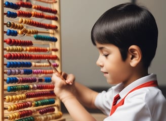 A neatly organized classroom shelf contains a variety of educational materials and tools. There are wooden trays, colored boxes, abacuses, and charts. Each shelf is filled with learning aids, prominently featuring items like math boards and counting tools. The environment is bright and has a warm, inviting atmosphere typical for a Montessori setting.