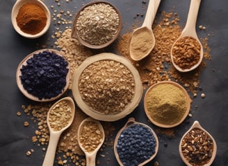 A decorative bowl contains coconut-covered chocolate energy balls. Beside the bowl, a spoon holds a small amount of brown protein powder scattered on a white marble surface. A container labeled 'Organic Rice Protein' with 'Nature Zen' branding stands in the background against a subtle white brick wall.