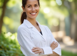 A person wearing a white lab coat and a white top stands smiling in front of a brick wall. The wall has signage partially visible, possibly related to a medical practice. The person exudes confidence and professionalism.