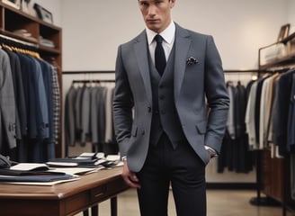 A person holds a book titled 'Savile Row: The Master Tailors of British Bespoke' by James Sherwood. The cover is sleek with a textured look, primarily gray with white text. The person is wearing a watch and casual shoes, standing on a wooden floor. In the background, there is a display shelf with other books.