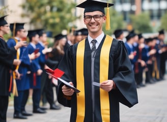 A person wearing a maroon graduation cap and gown with a bright yellow stole stands outdoors. The individual is holding the end of the stole, which features a university seal. The background includes modern buildings and tall cacti.