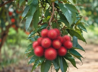 A lush green plantation with large, healthy leaves in the foreground. The background features a gently sloping hill covered with trees, under a cloudy sky.