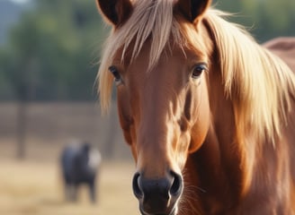 A white horse with a speckled coat is wearing a harness and standing in a sheltered area within a pen. The background includes a blurred view of greenery and bright flowers, suggesting an outdoor environment.