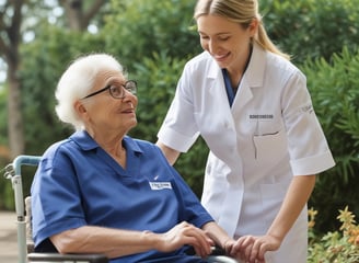 A healthcare professional in a white coat administers an injection to an older woman who is smiling. The woman is wearing glasses and earrings, and they are both focused on the procedure.