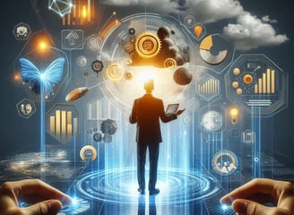 a man standing in front of a cloud with a tablet and a tablet looking at Power BI charts