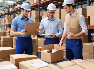 A stack of brown cardboard boxes with intricate black designs on their sides is placed on a surface. A large sheet with detailed black and white drawings is visible to the side. The boxes appear to be packaging or delivery items featuring creative illustrations.