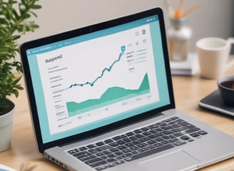 A laptop on a wooden desk displays a web application interface featuring graphs and statistics. Beside it, a large monitor shows a webpage promoting an all-in-one meeting app. A cup with a recognizable green and white logo sits on the desk.