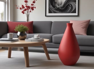 Two ornately decorated ceramic vases are positioned side by side against a textured gray background. Each vase holds golden stalks of wheat that curve gracefully, creating an arch above the vases. The pottery features artistic designs etched into its surface, adding to the rustic and natural aesthetic.