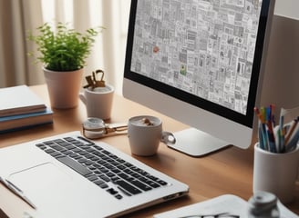 A laptop with a financial website open is centered on a white table. The screen displays a mint green background with text related to commission-free stock trading, accompanied by a gold object resembling a bridge. To the left, a smartphone displays a financial app with a graph and monetary figure. A cup of coffee sits on the right side, adding a casual work environment atmosphere.