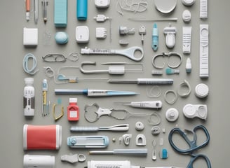 An assortment of medical equipment including monitors, dials, and gauges is present, possibly used for anesthesia or patient monitoring in a healthcare setting. There are various knobs and labels indicating settings for oxygen and nitrous oxide management. A tray contains a packaged medical device labeled 'Hand Piece.'