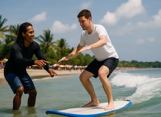 a man and woman are surfing in the ocean