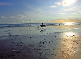 a person riding a horse on a beach, Jimbaran Beach Seafood
