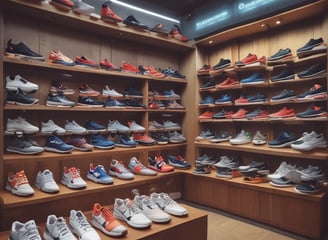 A modern electronics store features a sleek white computer with a large monitor, keyboard, and mouse positioned on a wooden table. The background showcases a wall display of various electronic accessories in white packaging, arranged neatly in rows. The room is illuminated by bright circular ceiling lights, giving a clean and modern ambiance.