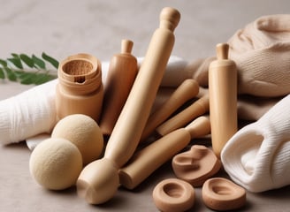 Three dark-colored cosmetic bottles are arranged on a dark, woven chair with an earthy-toned pottery vase next to it. The lighting is subdued, creating a sophisticated and sleek atmosphere.