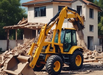 An orange excavator is performing demolition work amidst a pile of rubble and debris, surrounded by partially demolished buildings. The machine is branded with 'Hitachi' on its side and is set against a backdrop of brick and concrete structures.