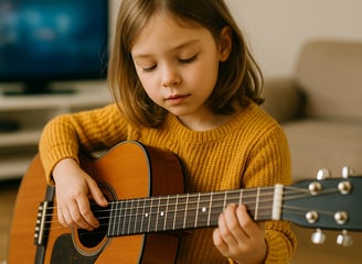 Une jeune fille joue de la guitare dans un salon.