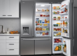 A dimly lit storefront with a glass door displaying a 'Closed' sign. Shelves lined with electronic devices can be seen inside, illuminated by ambient green and blue lighting. Various gadgets and boxes are arranged on the display shelves.