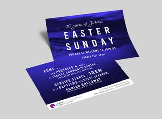 Jubilee Community Church Easter Sunday flyer with a blue water-themed design.