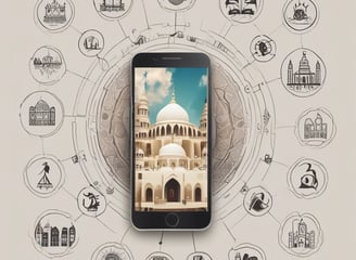 A hand holding a smartphone displaying various images related to religion. The images include crosses, candles, a person meditating, and architectural structures. The background is blurred with bright yellow lights.