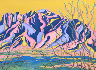 Acrylic painting of mountain at sunrise depicted with pink and purples shapes