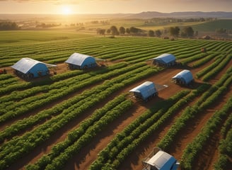 A farming landscape featuring a large plastic-covered structure with a network of metal arches, possibly greenhouses, in the background. A fenced off area includes a piled dirt embankment and a yellow storage container. A pump system is attached, with pipes extending across the scene. Sandbags and black plastic sheeting are used for reinforcement and covering.