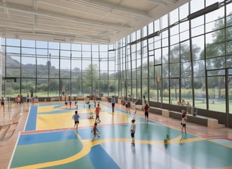 An open sports field is surrounded by several multi-story buildings, likely part of a school or university campus. The field includes tracks and is equipped with goalposts. In the background, a range of forested hills creates a natural backdrop beneath a cloudy sky.