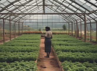 A lush agricultural field with rows of crops growing in the soil. Green plants are arranged in neat lines, surrounded by a backdrop of dense forest and rolling hills under a partly cloudy sky. The image conveys a sense of peace and natural abundance.