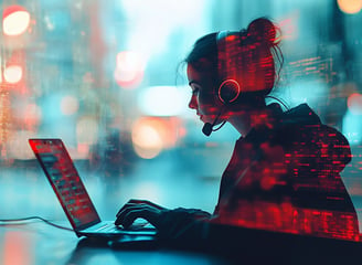 A young woman sits in front of her laptop, wearing a headset with a microphone. She is working in cu