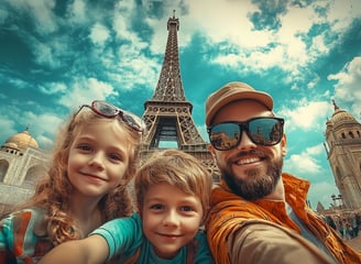 A smiling man takes a selfie with two kids, a boy and a girl, in front of iconic landmarks. The Eiff