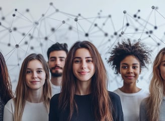 A diverse group of young adults stands in front of a white backdrop covered in interconnected nodes 