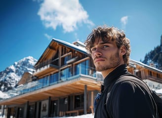 A young man with slightly tousled hair and a light beard stands in front of a wooden mountain lodge.