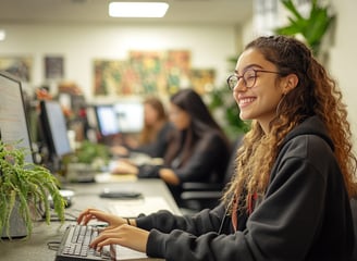 A smiling woman wearing glasses sits at a desk, typing on a keyboard. She has curly hair pulled back