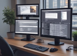 A desk with multiple monitors on it showing custom application code and a website