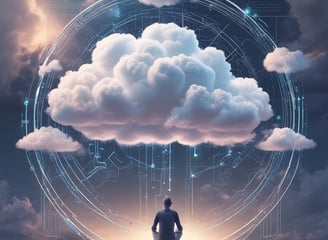 A hand holding a thermal scanner is pointed towards a rack of computer servers. The servers are illuminated with blue LED lights, giving a technological and futuristic feel.