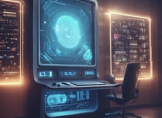 A sign for 'Shallom Komputer' is displayed prominently on the facade of a building, surrounded by lush green trees. The sign offers information about services related to hardware, software, networking, and accessories. The building features several rectangular windows and air conditioning units.