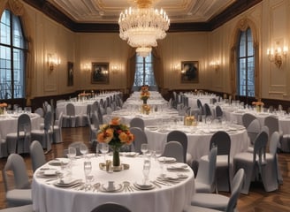 A large convention center hall arranged for an event setup with scattered boxes, crates, and equipment. There are partitions covered with white drapes, directional signs hanging from the ceiling, and yellow taped lines on the floor. A person is walking through the hall, and equipment is positioned sporadically.