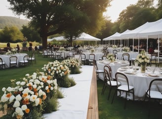 A large convention center hall arranged for an event setup with scattered boxes, crates, and equipment. There are partitions covered with white drapes, directional signs hanging from the ceiling, and yellow taped lines on the floor. A person is walking through the hall, and equipment is positioned sporadically.
